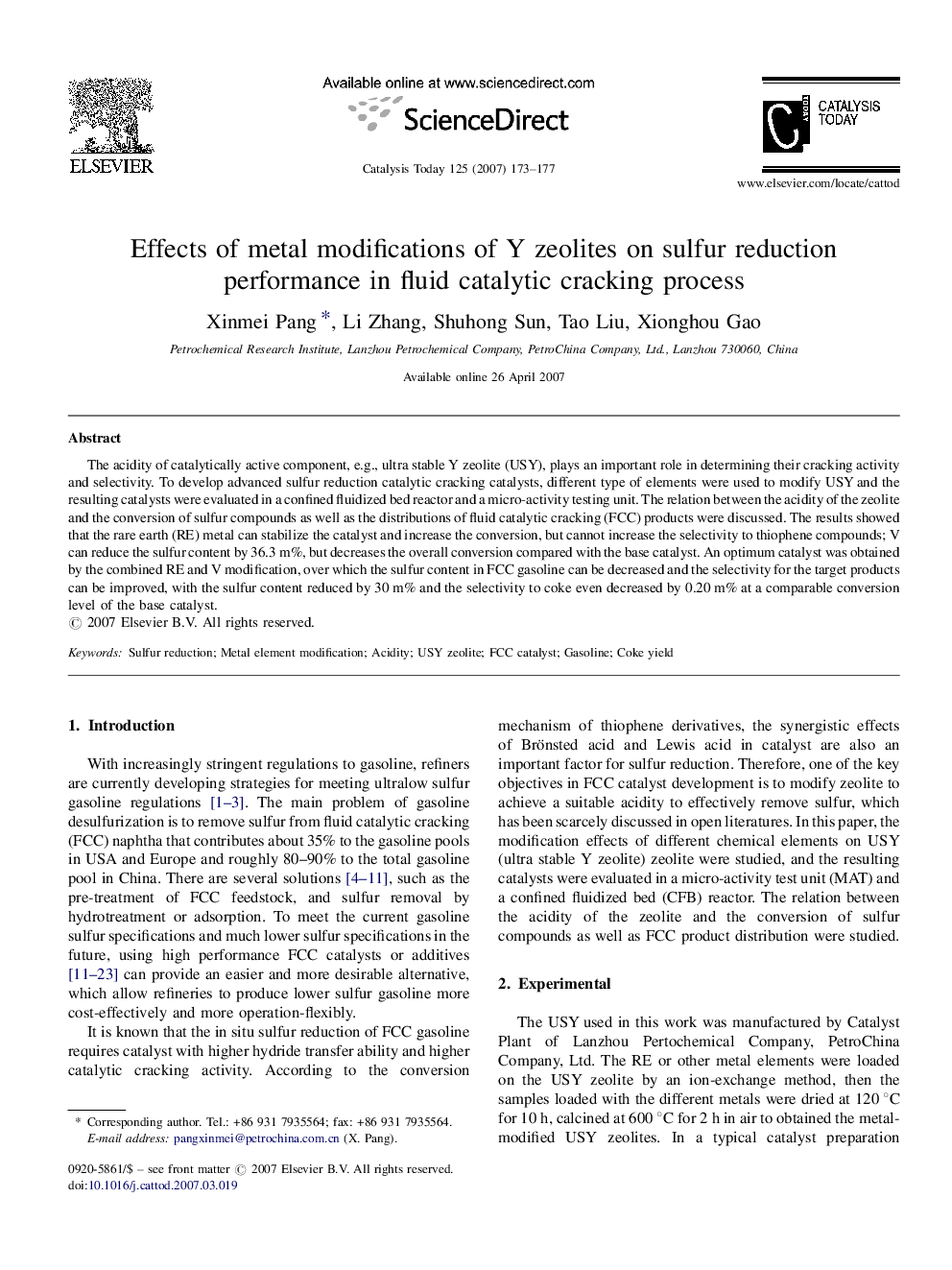 Effects of metal modifications of Y zeolites on sulfur reduction performance in fluid catalytic cracking process