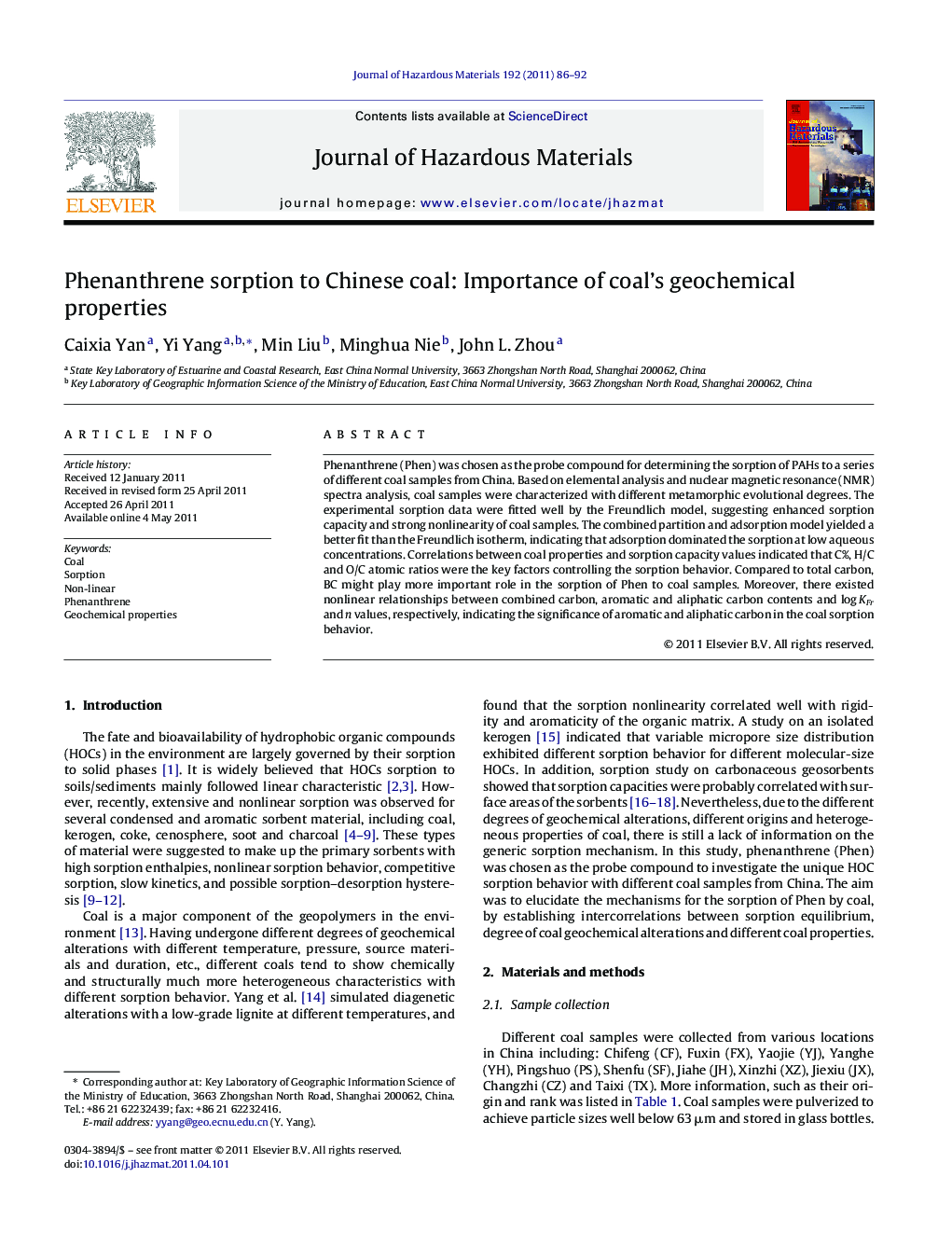 Phenanthrene sorption to Chinese coal: Importance of coal's geochemical properties