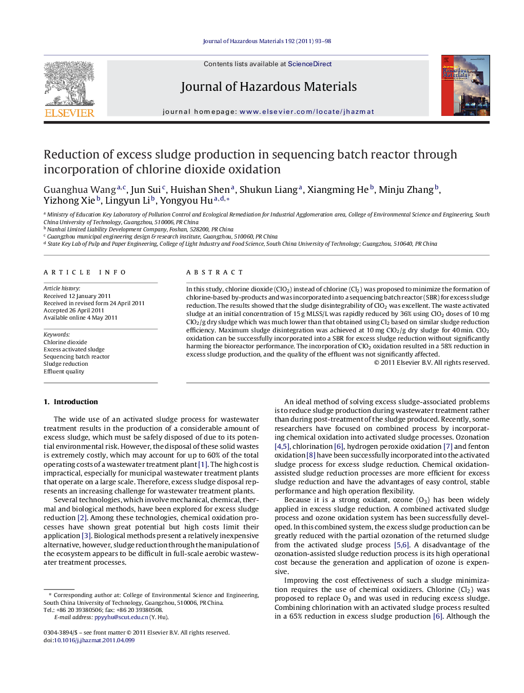 Reduction of excess sludge production in sequencing batch reactor through incorporation of chlorine dioxide oxidation