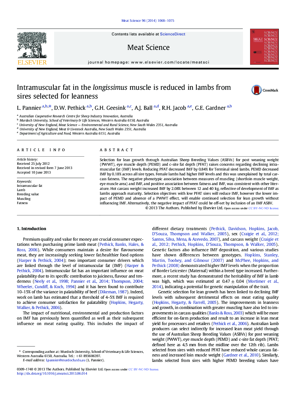 Intramuscular fat in the longissimus muscle is reduced in lambs from sires selected for leanness