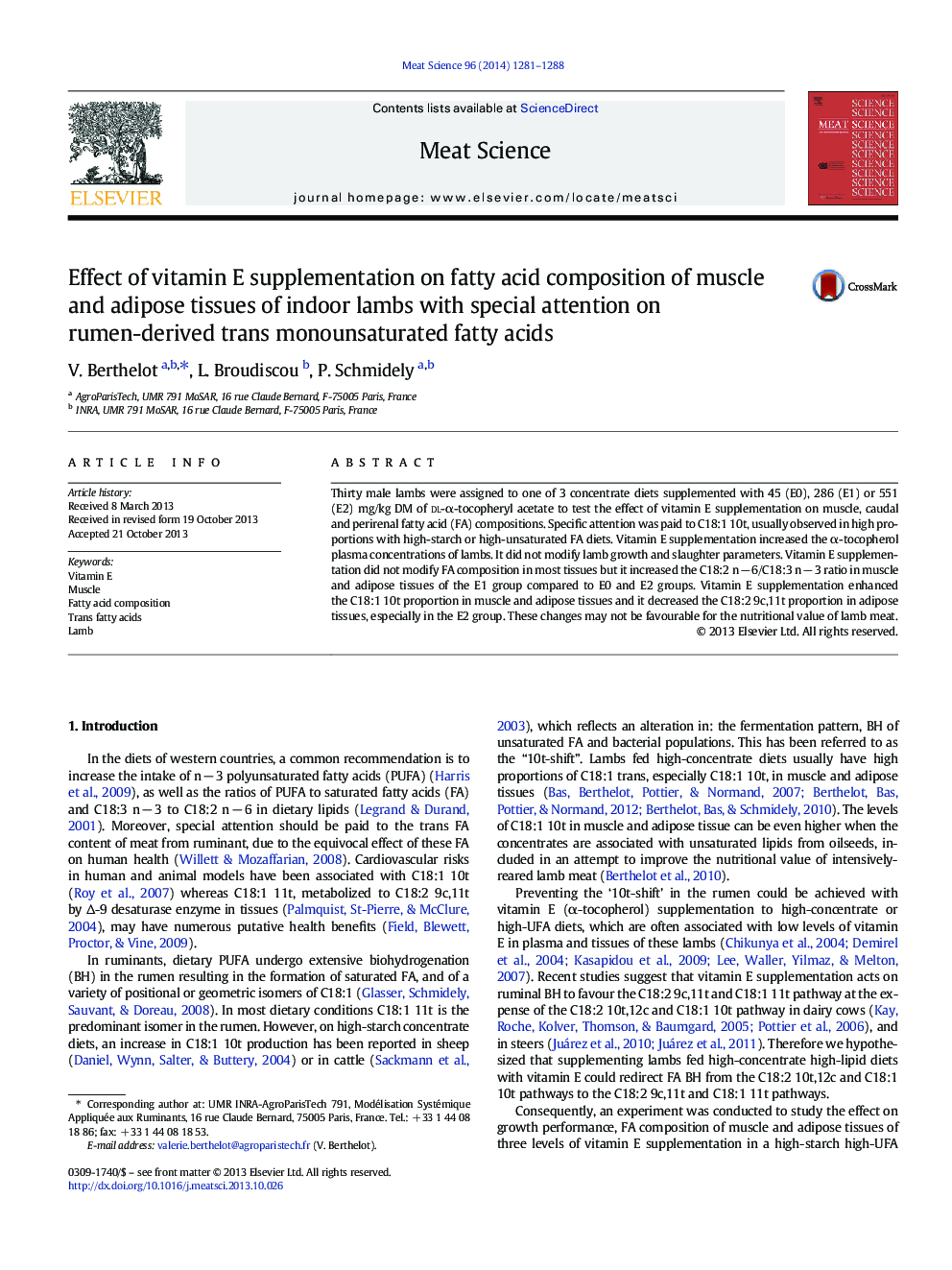 Effect of vitamin E supplementation on fatty acid composition of muscle and adipose tissues of indoor lambs with special attention on rumen-derived trans monounsaturated fatty acids