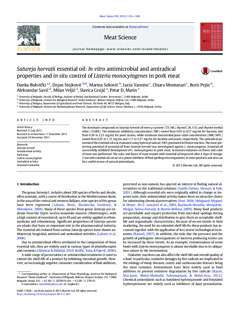 Satureja horvatii essential oil: In vitro antimicrobial and antiradical properties and in situ control of Listeria monocytogenes in pork meat