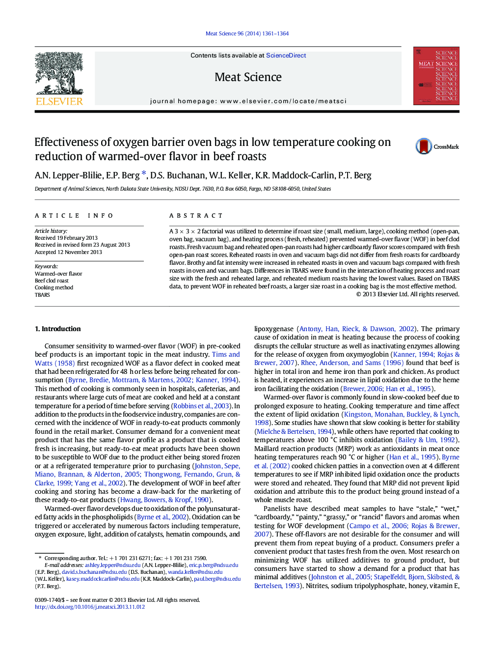 Effectiveness of oxygen barrier oven bags in low temperature cooking on reduction of warmed-over flavor in beef roasts