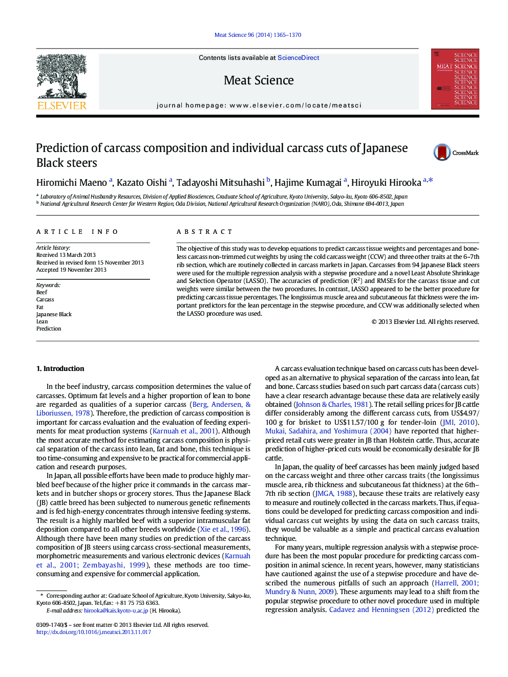 Prediction of carcass composition and individual carcass cuts of Japanese Black steers