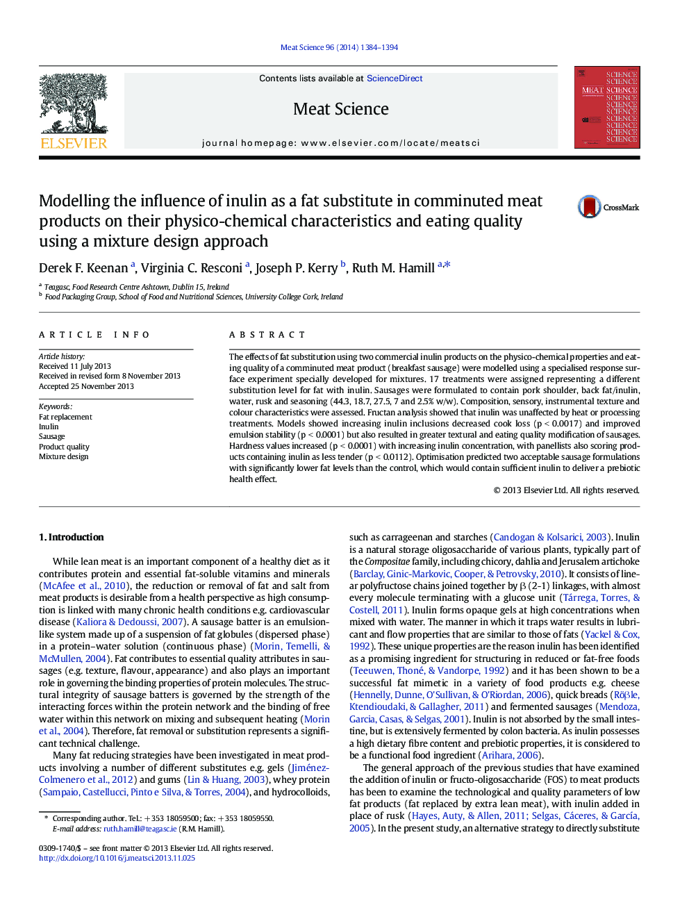 Modelling the influence of inulin as a fat substitute in comminuted meat products on their physico-chemical characteristics and eating quality using a mixture design approach