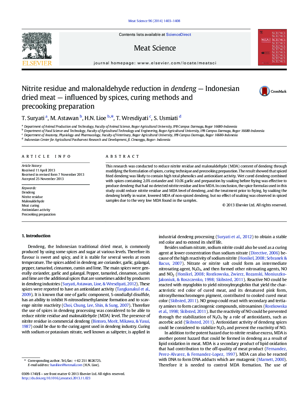 Nitrite residue and malonaldehyde reduction in dendeng - Indonesian dried meat - influenced by spices, curing methods and precooking preparation