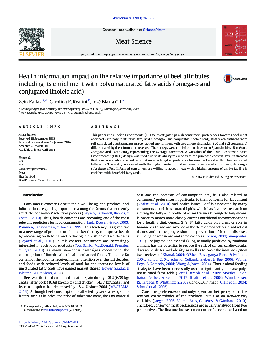 Health information impact on the relative importance of beef attributes including its enrichment with polyunsaturated fatty acids (omega-3 and conjugated linoleic acid)