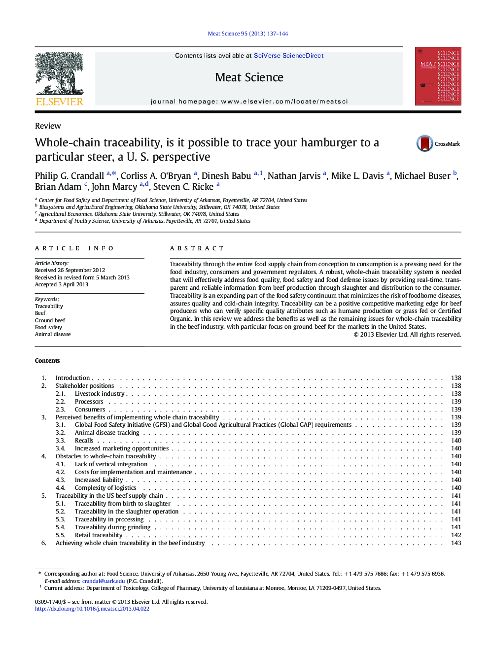 Whole-chain traceability, is it possible to trace your hamburger to a particular steer, a U. S. perspective