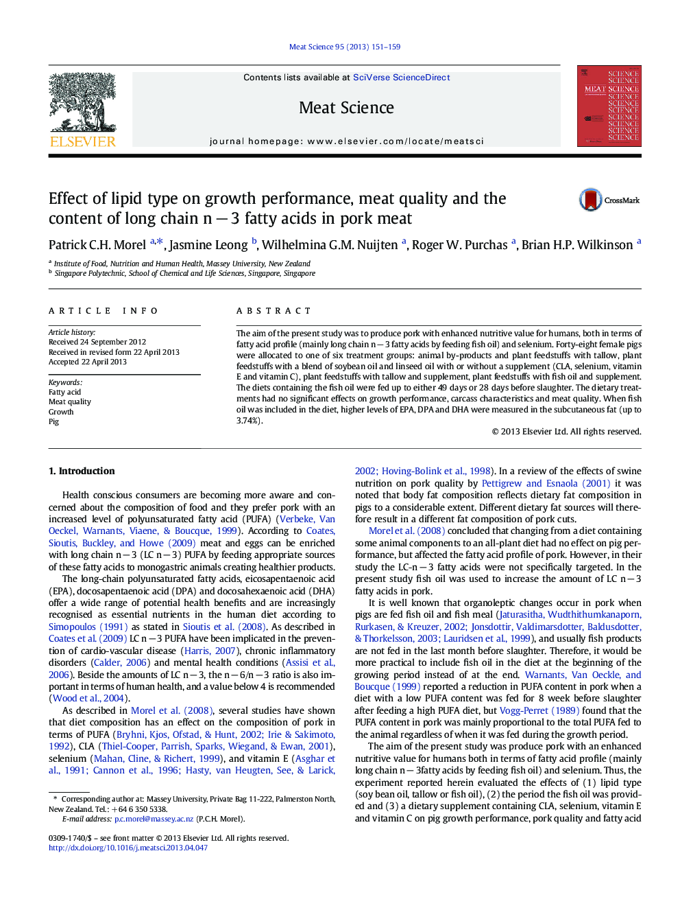 Effect of lipid type on growth performance, meat quality and the content of long chain nÂ âÂ 3 fatty acids in pork meat