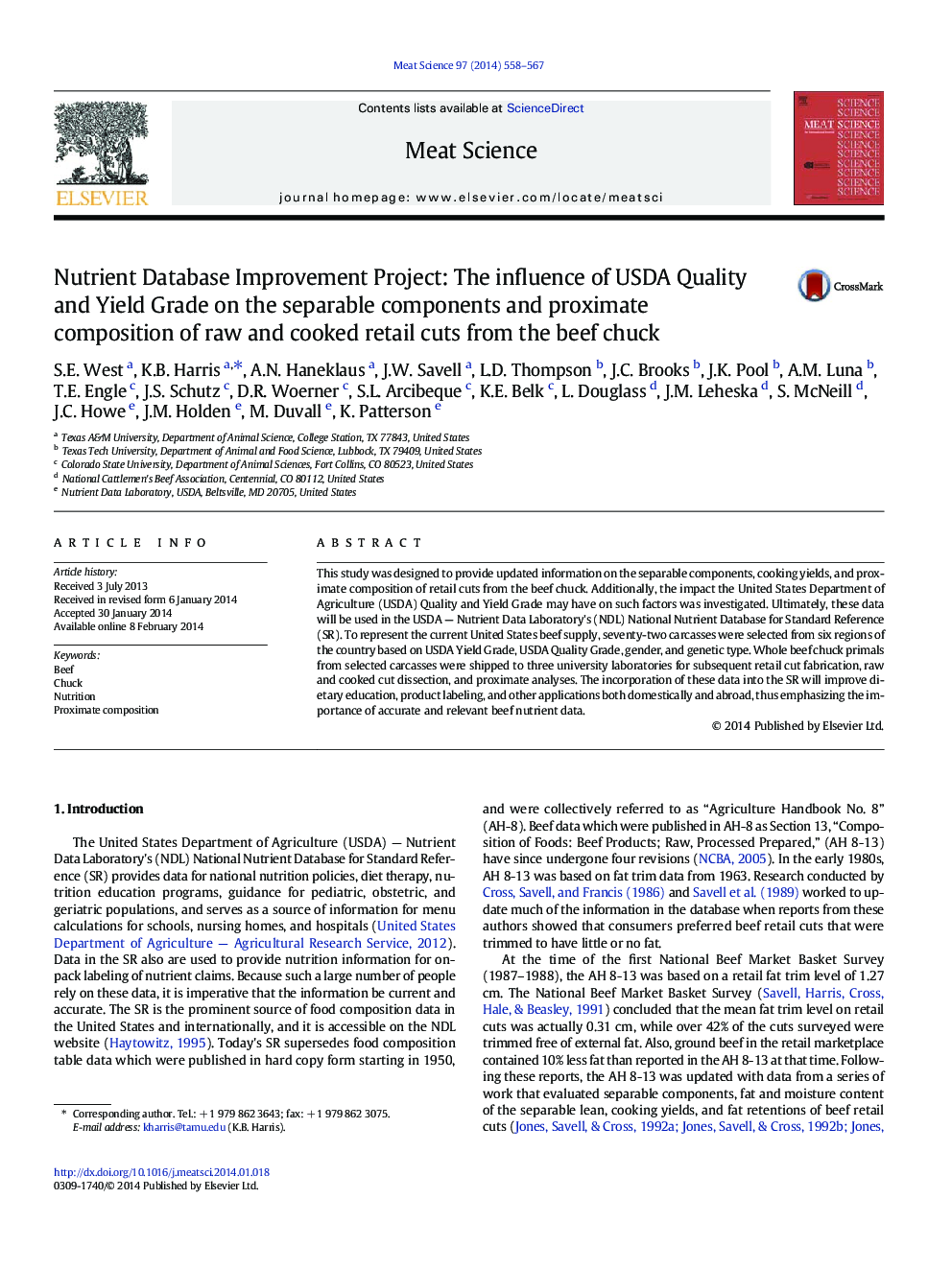 Nutrient Database Improvement Project: The influence of USDA Quality and Yield Grade on the separable components and proximate composition of raw and cooked retail cuts from the beef chuck