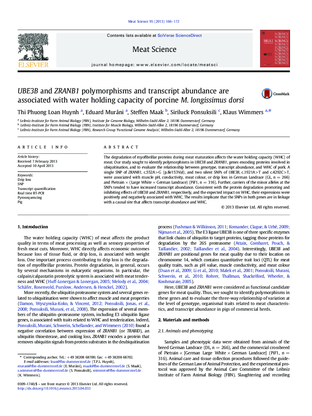 UBE3B and ZRANB1 polymorphisms and transcript abundance are associated with water holding capacity of porcine M. longissimus dorsi