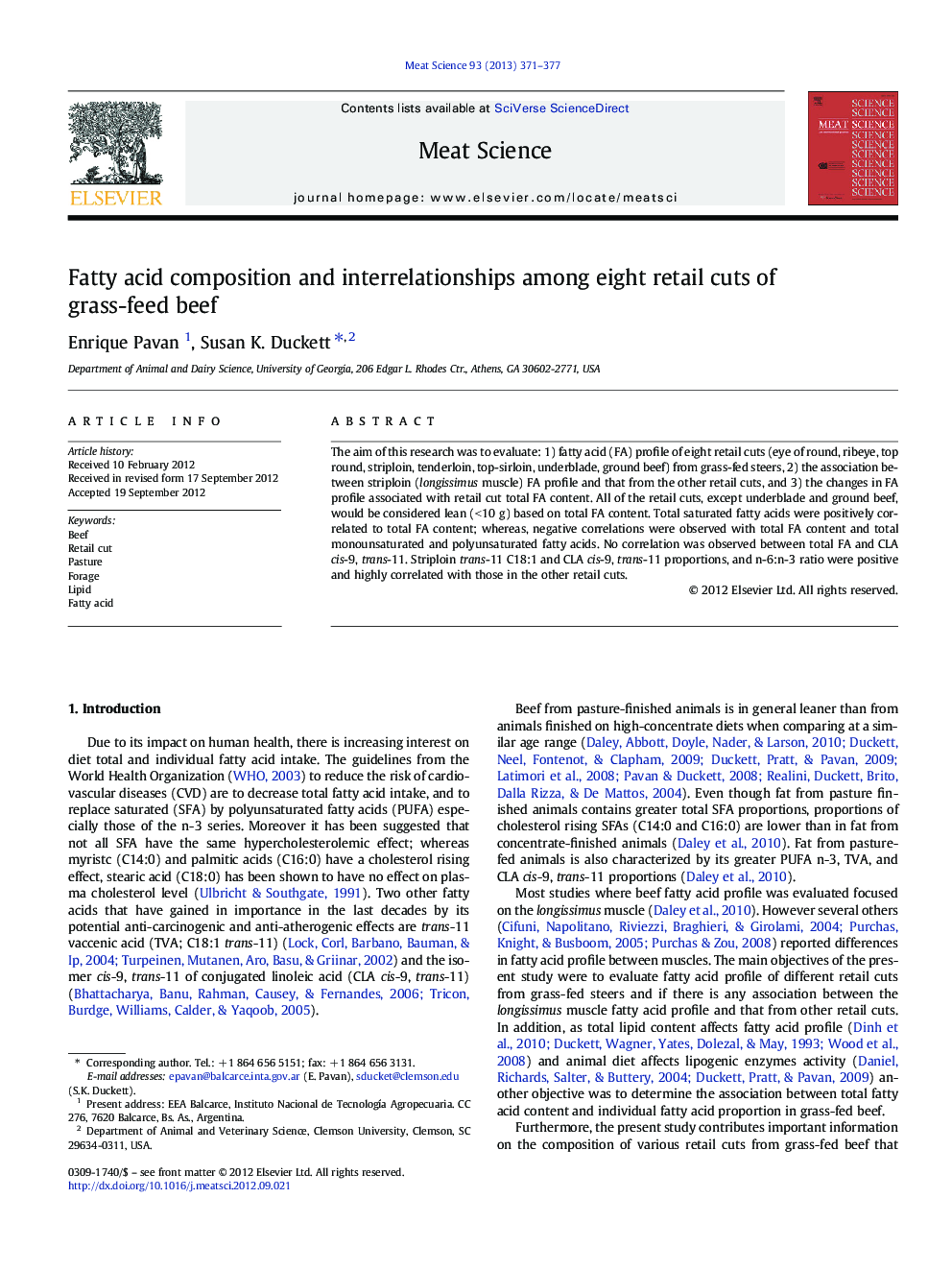 Fatty acid composition and interrelationships among eight retail cuts of grass-feed beef