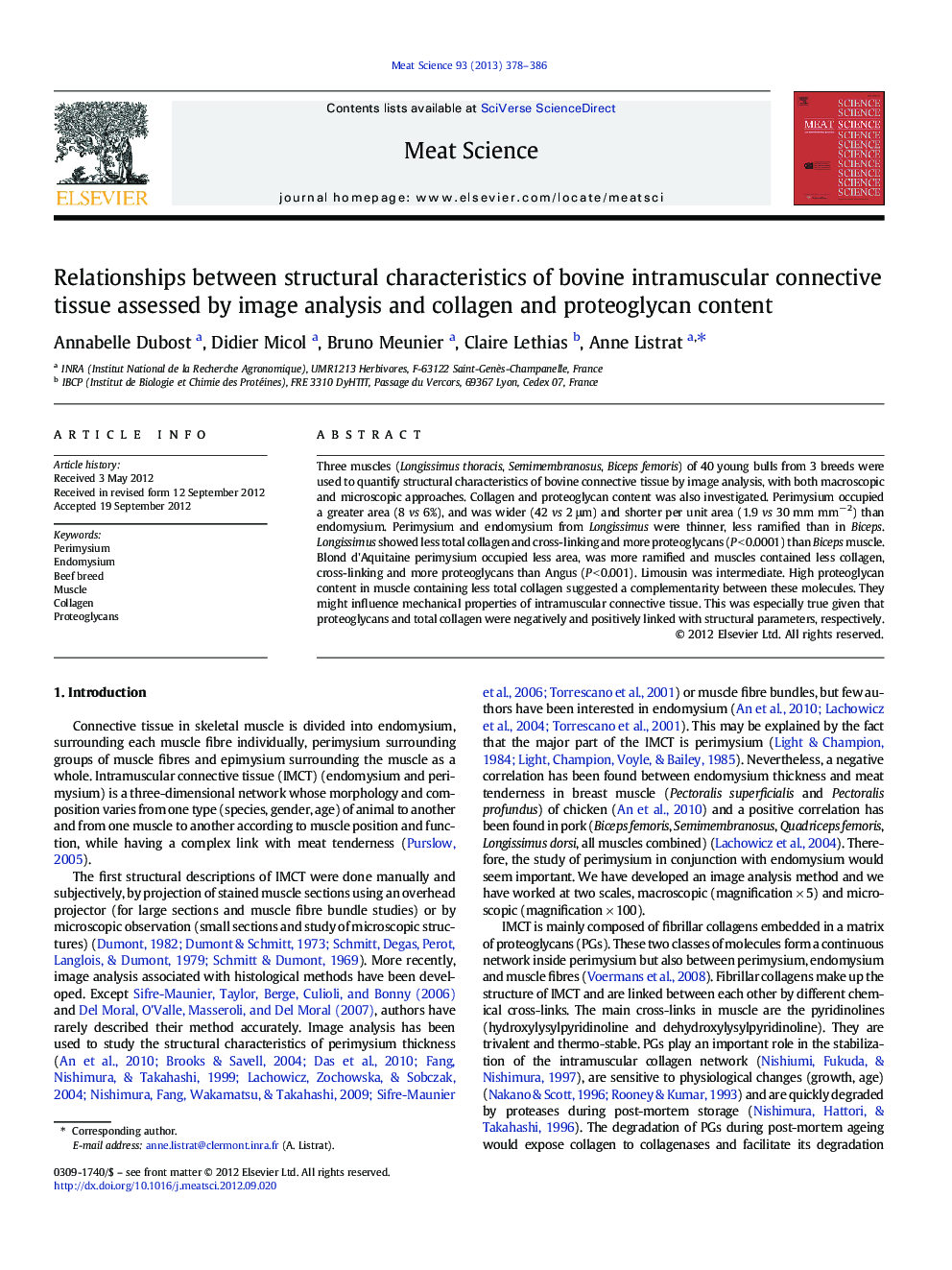 Relationships between structural characteristics of bovine intramuscular connective tissue assessed by image analysis and collagen and proteoglycan content