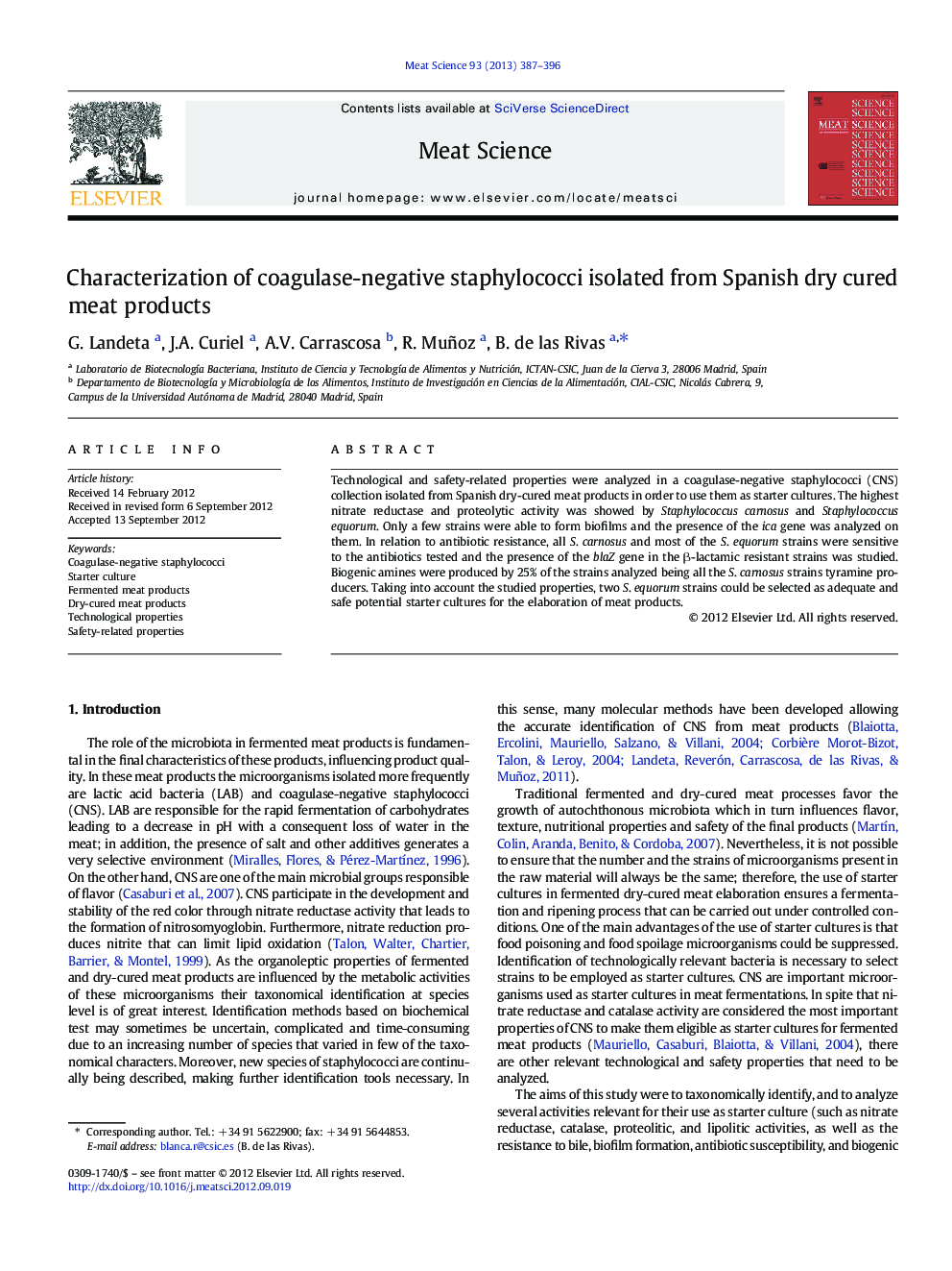 Characterization of coagulase-negative staphylococci isolated from Spanish dry cured meat products