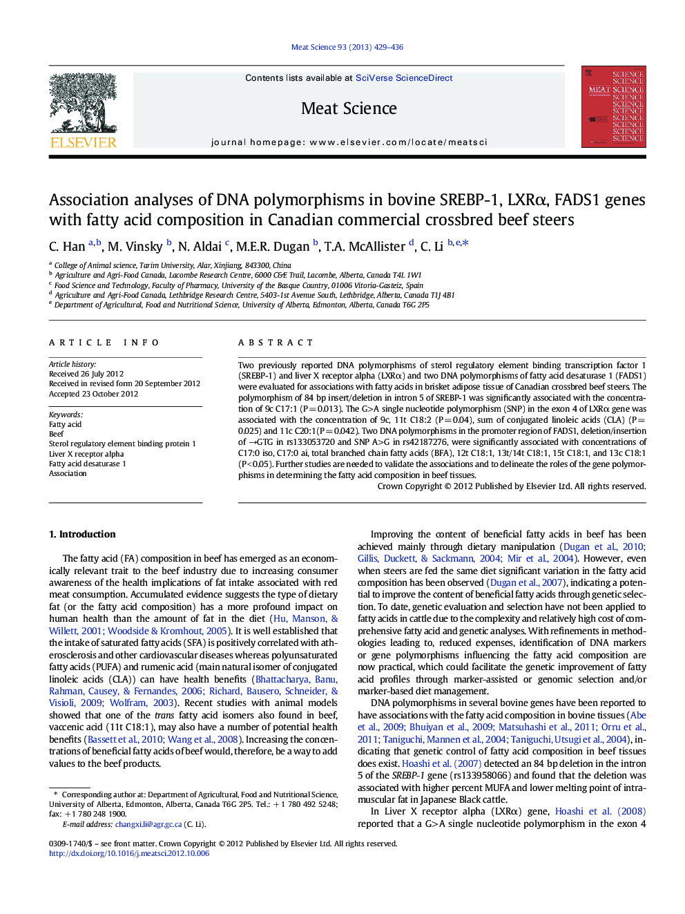 Association analyses of DNA polymorphisms in bovine SREBP-1, LXRÎ±, FADS1 genes with fatty acid composition in Canadian commercial crossbred beef steers