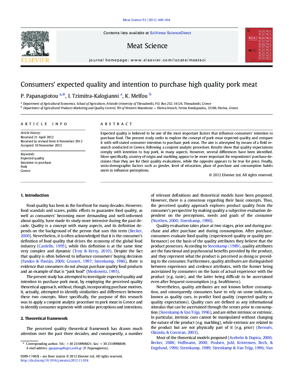 Consumers' expected quality and intention to purchase high quality pork meat