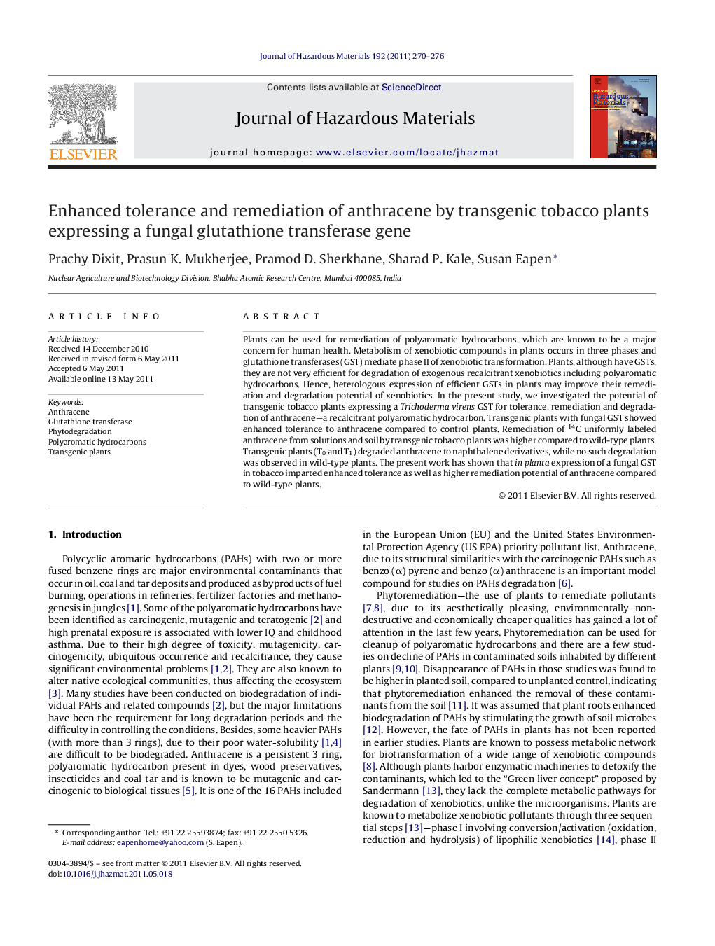 Enhanced tolerance and remediation of anthracene by transgenic tobacco plants expressing a fungal glutathione transferase gene