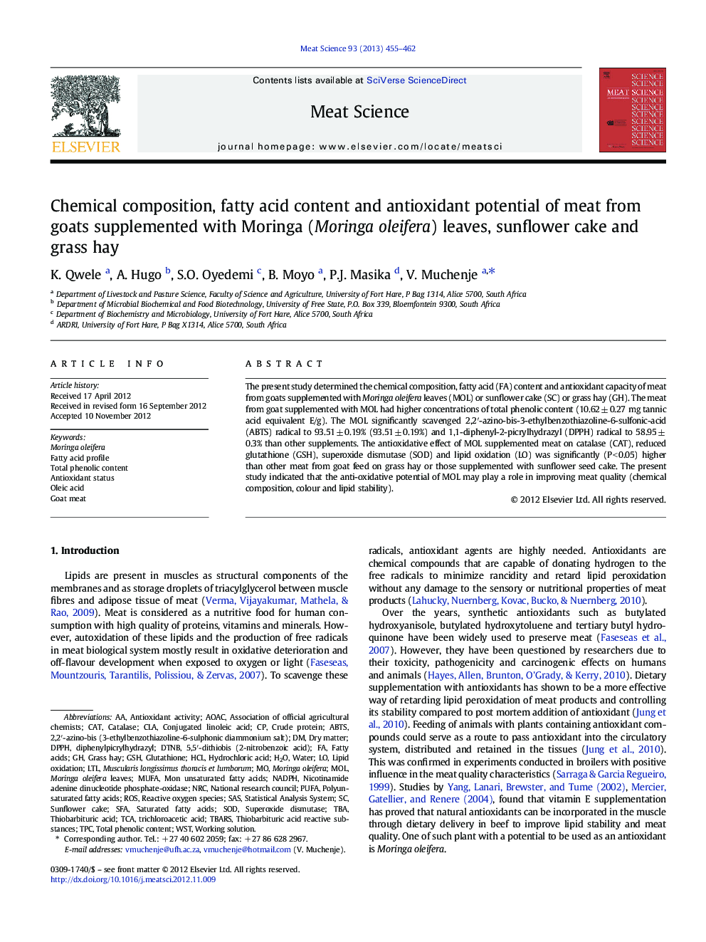 Chemical composition, fatty acid content and antioxidant potential of meat from goats supplemented with Moringa (Moringa oleifera) leaves, sunflower cake and grass hay