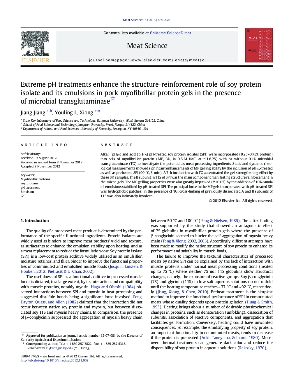 Extreme pH treatments enhance the structure-reinforcement role of soy protein isolate and its emulsions in pork myofibrillar protein gels in the presence of microbial transglutaminase