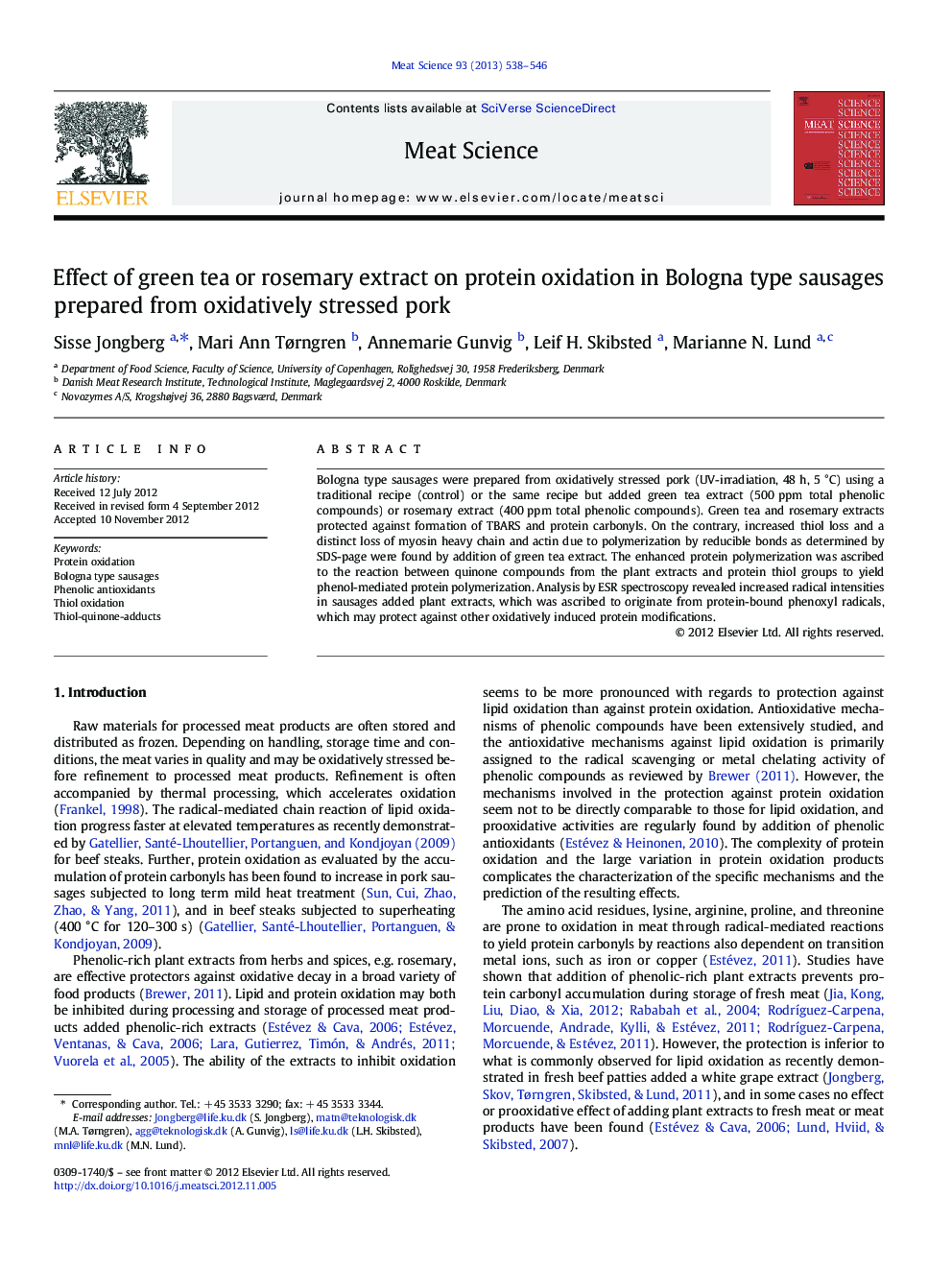 Effect of green tea or rosemary extract on protein oxidation in Bologna type sausages prepared from oxidatively stressed pork