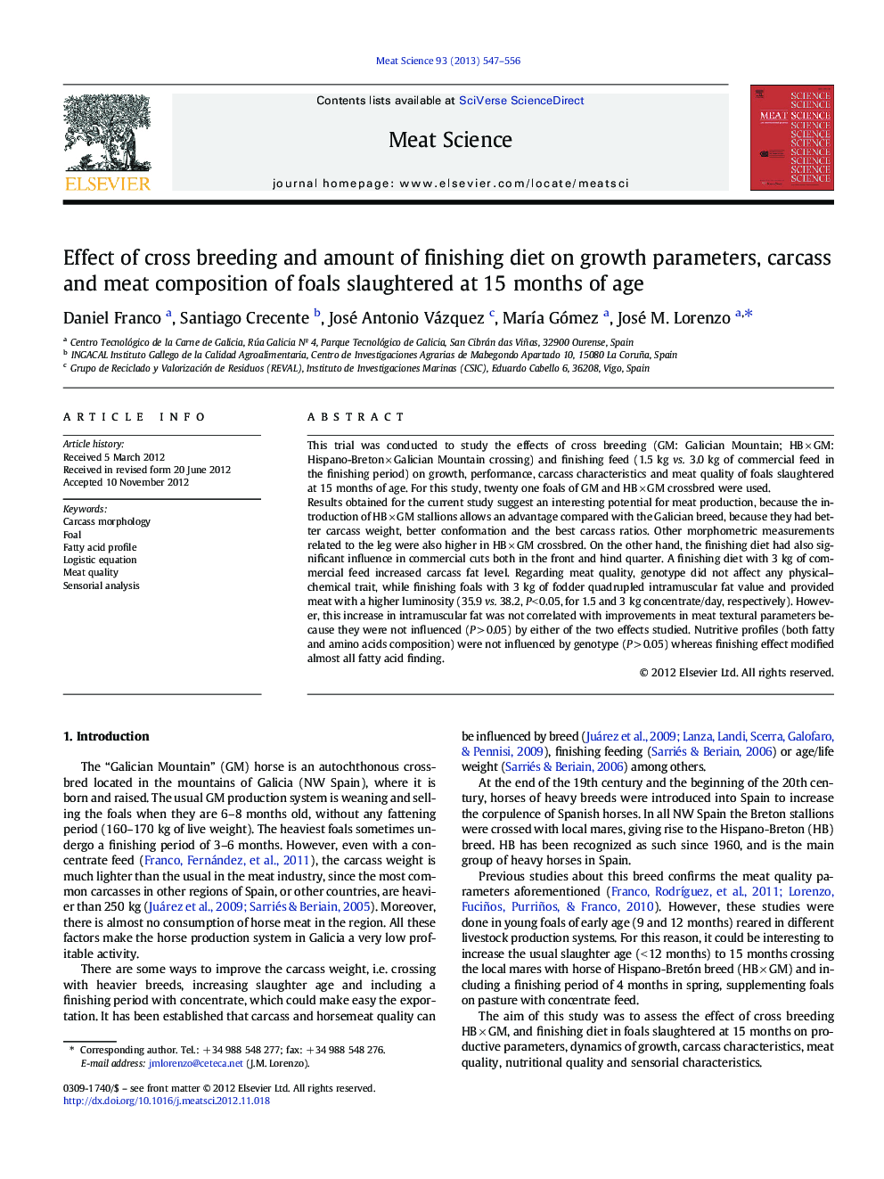 Effect of cross breeding and amount of finishing diet on growth parameters, carcass and meat composition of foals slaughtered at 15Â months of age