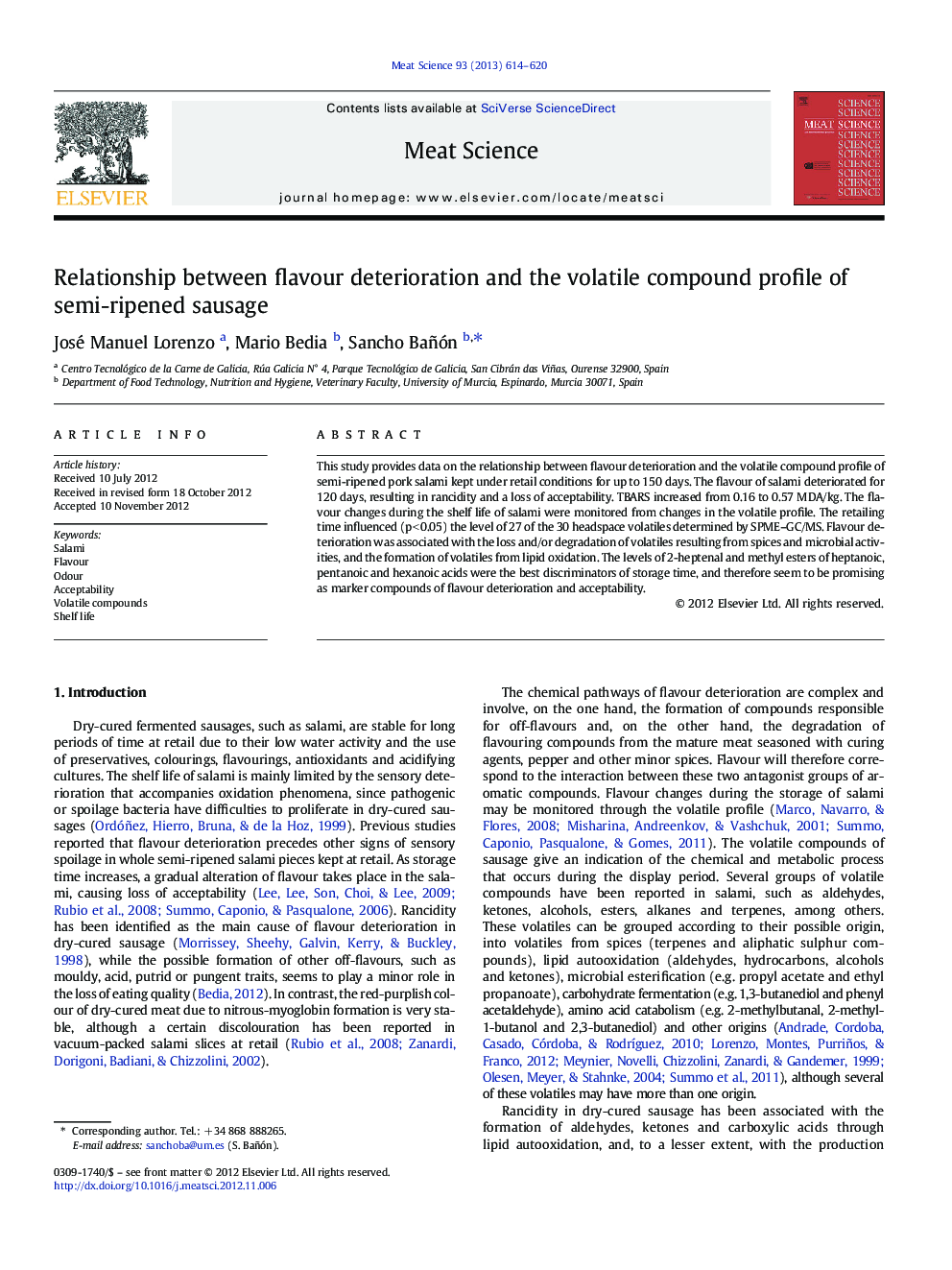 Relationship between flavour deterioration and the volatile compound profile of semi-ripened sausage