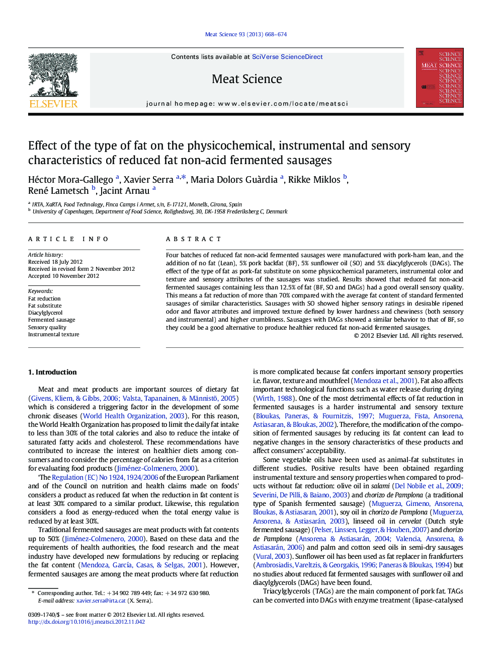 Effect of the type of fat on the physicochemical, instrumental and sensory characteristics of reduced fat non-acid fermented sausages