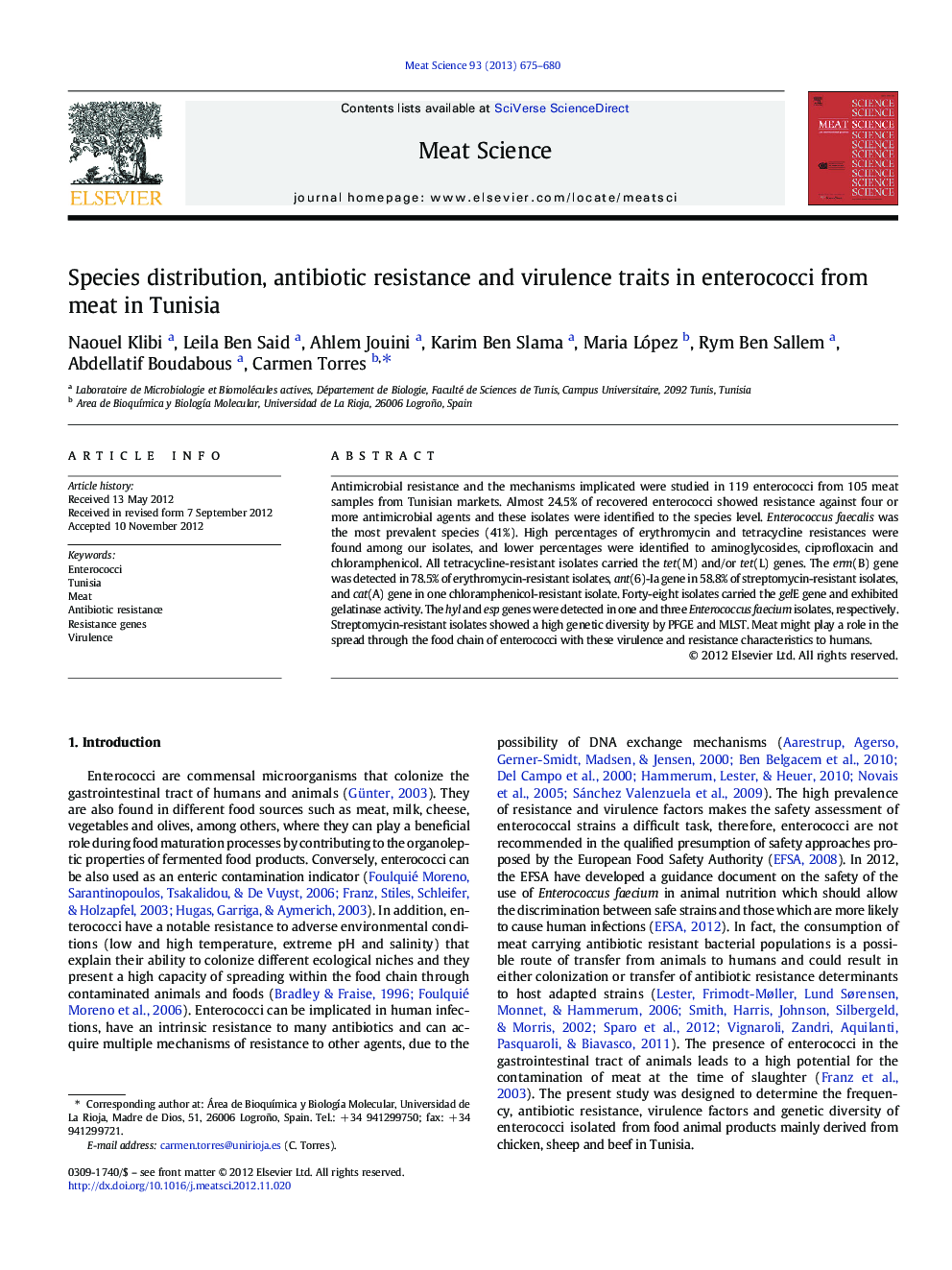 Species distribution, antibiotic resistance and virulence traits in enterococci from meat in Tunisia