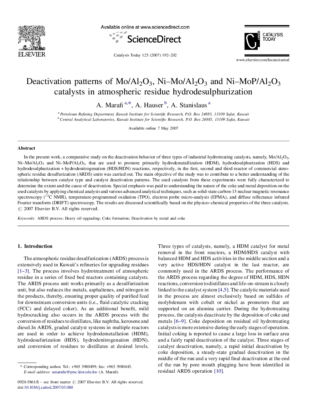 Deactivation patterns of Mo/Al2O3, Ni–Mo/Al2O3 and Ni–MoP/Al2O3 catalysts in atmospheric residue hydrodesulphurization