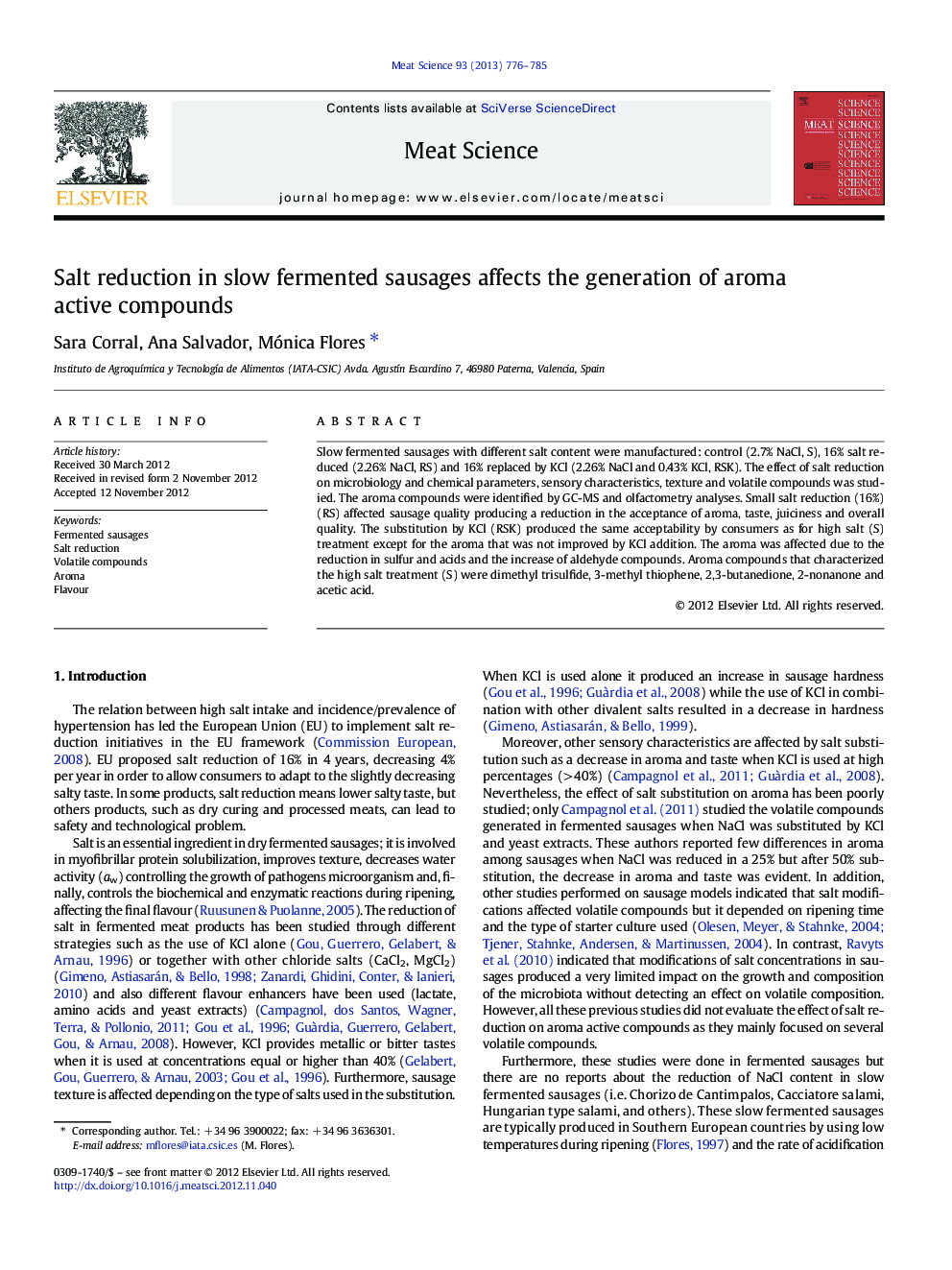 Salt reduction in slow fermented sausages affects the generation of aroma active compounds