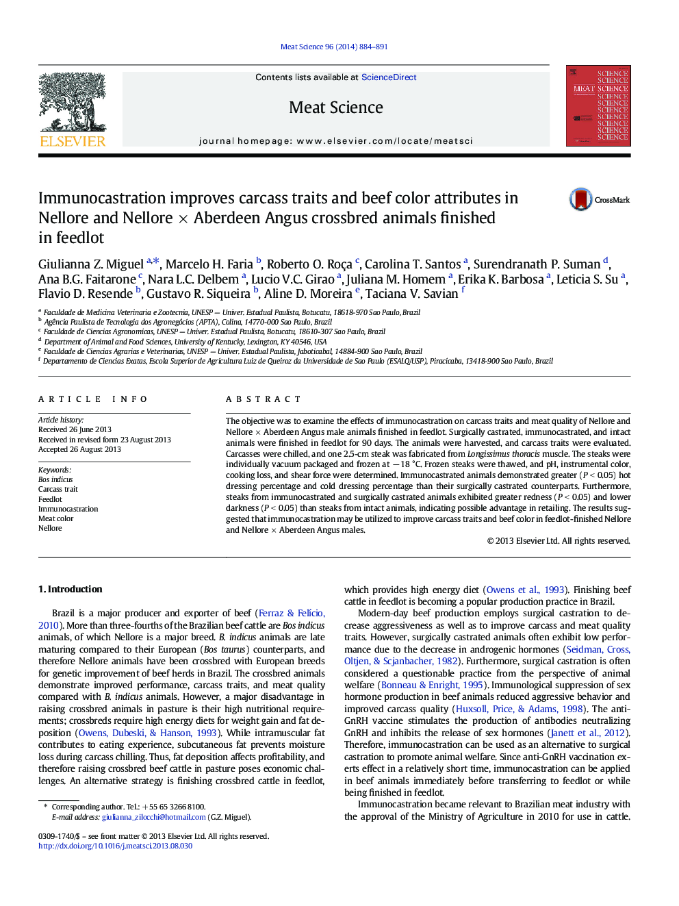 Immunocastration improves carcass traits and beef color attributes in Nellore and Nellore Ã Aberdeen Angus crossbred animals finished in feedlot