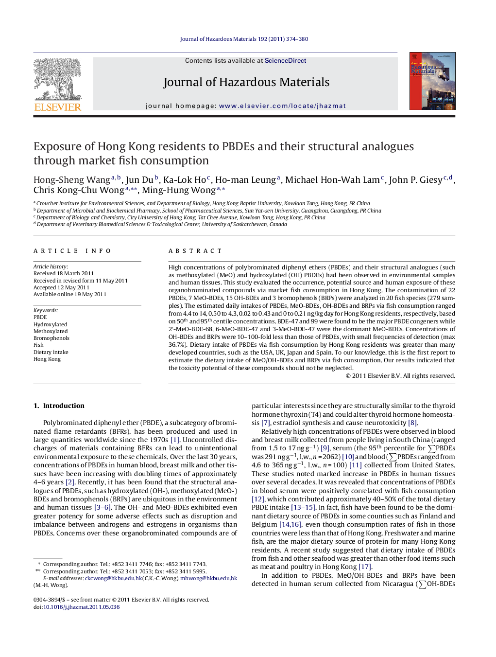 Exposure of Hong Kong residents to PBDEs and their structural analogues through market fish consumption