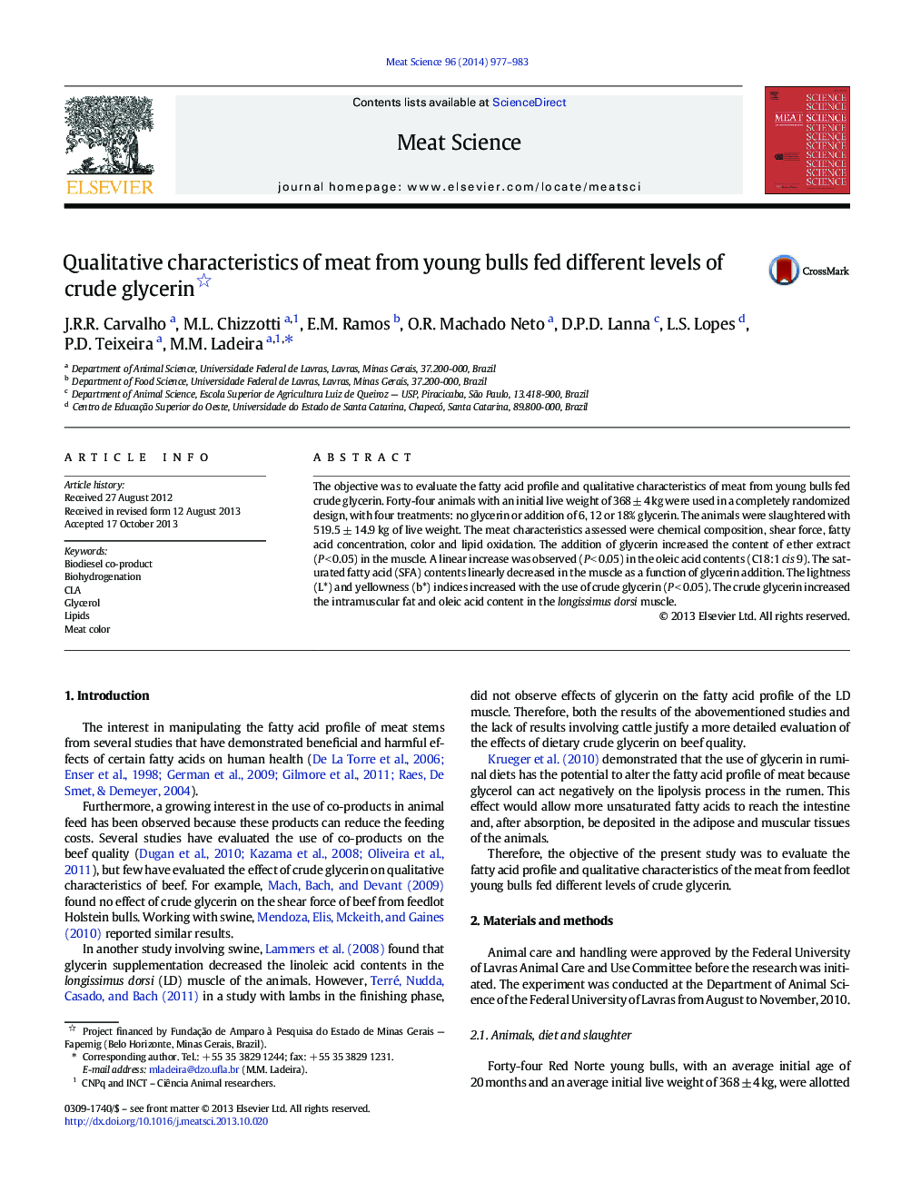 Qualitative characteristics of meat from young bulls fed different levels of crude glycerin