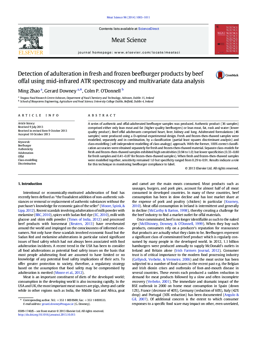 Detection of adulteration in fresh and frozen beefburger products by beef offal using mid-infrared ATR spectroscopy and multivariate data analysis