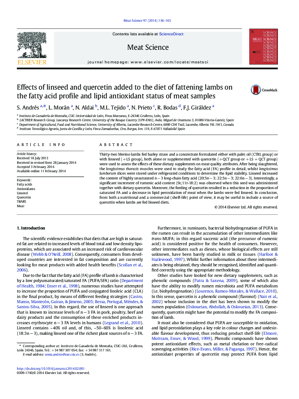 Effects of linseed and quercetin added to the diet of fattening lambs on the fatty acid profile and lipid antioxidant status of meat samples