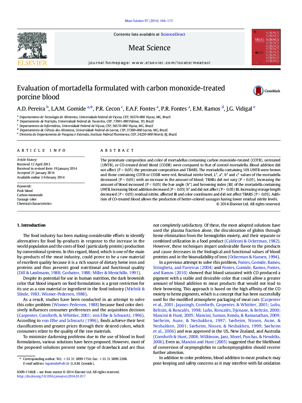 Evaluation of mortadella formulated with carbon monoxide-treated porcine blood