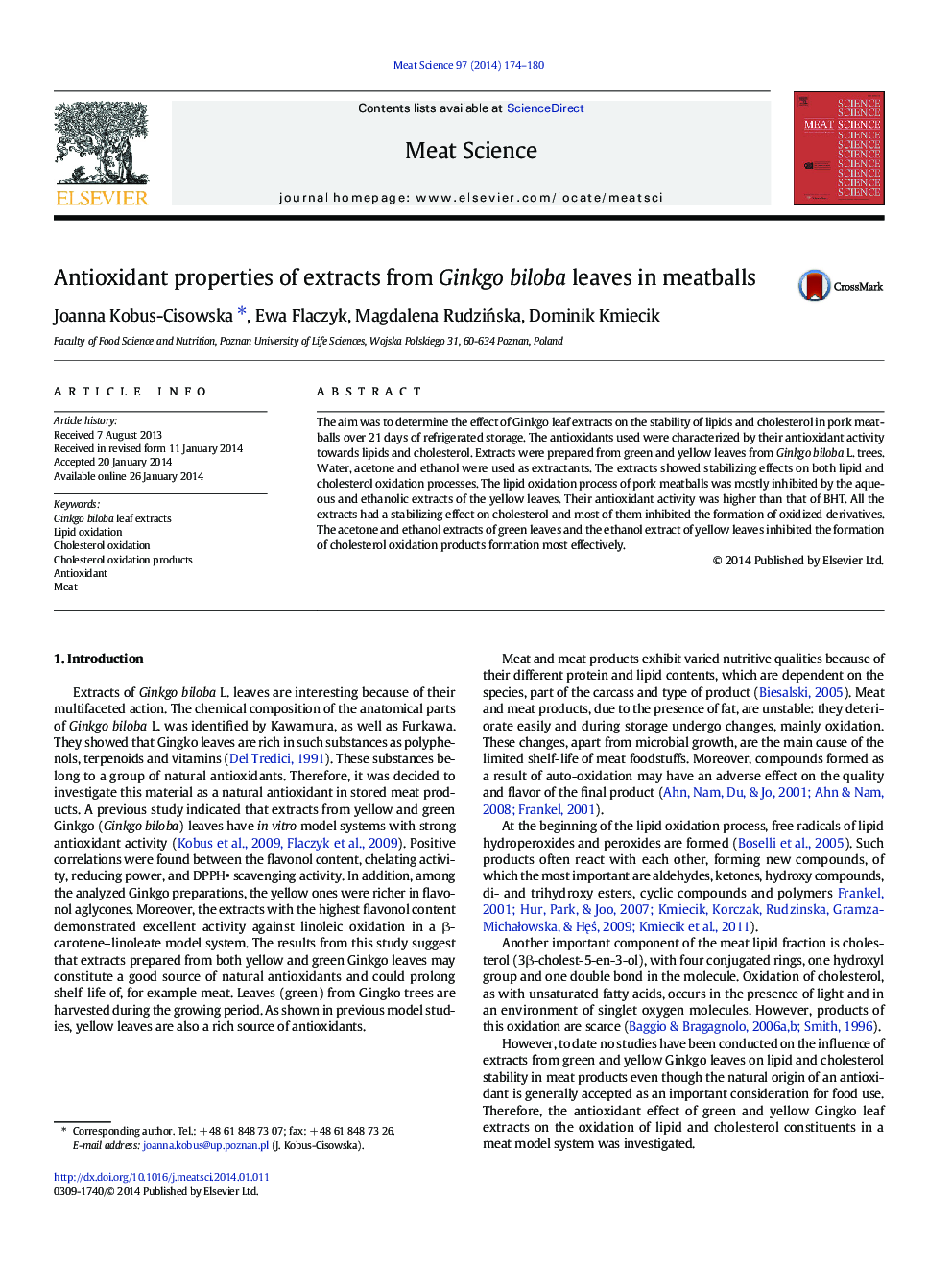 Antioxidant properties of extracts from Ginkgo biloba leaves in meatballs