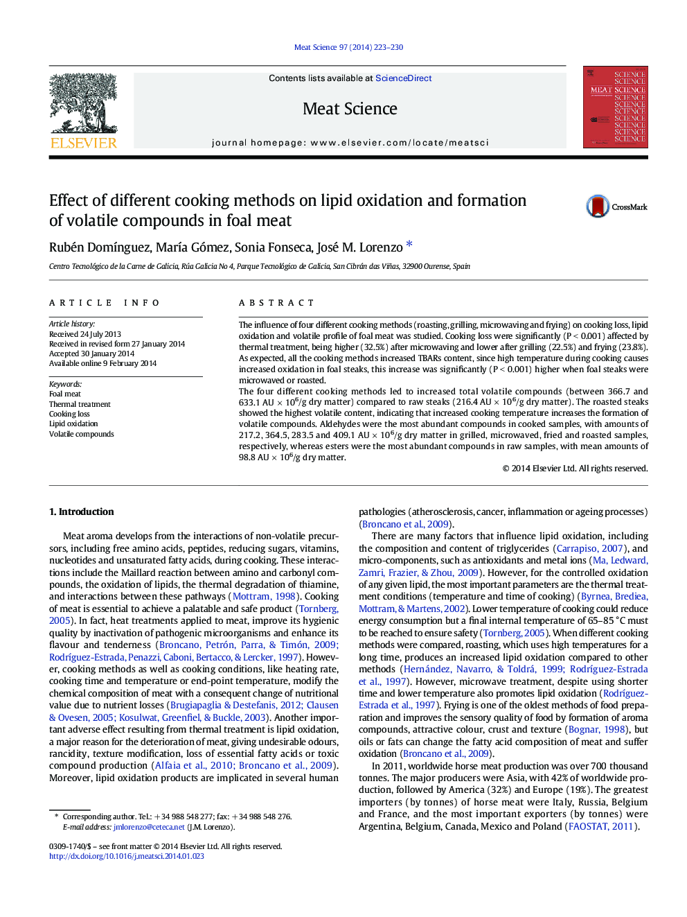 Effect of different cooking methods on lipid oxidation and formation of volatile compounds in foal meat