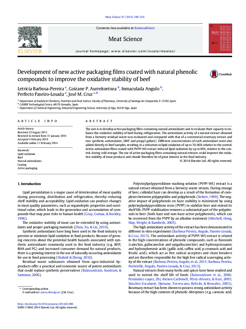 Development of new active packaging films coated with natural phenolic compounds to improve the oxidative stability of beef