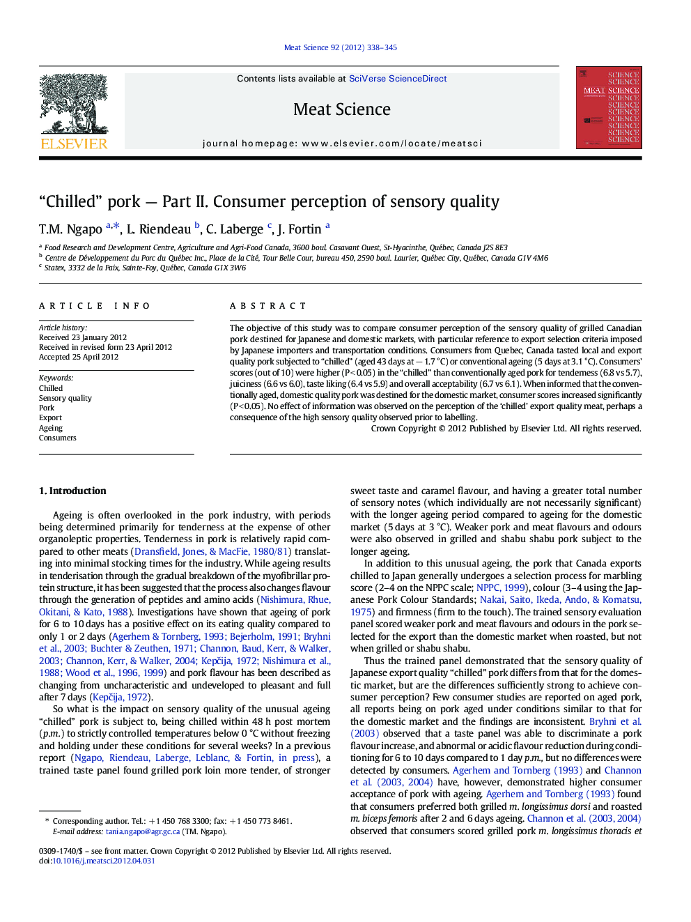 “Chilled” pork - Part II. Consumer perception of sensory quality