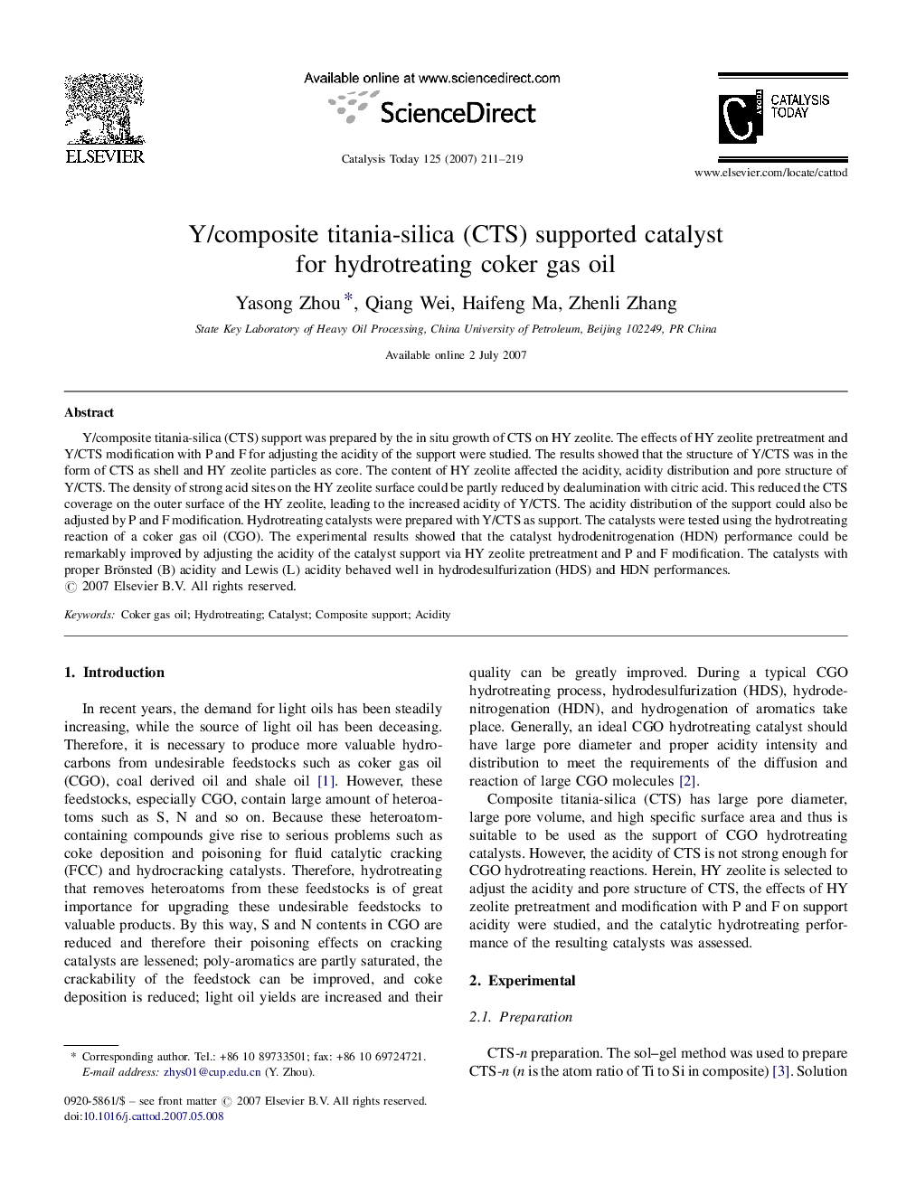 Y/composite titania-silica (CTS) supported catalyst for hydrotreating coker gas oil