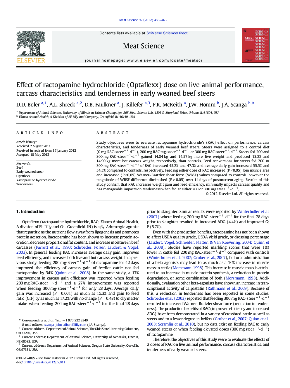 Effect of ractopamine hydrochloride (Optaflexx) dose on live animal performance, carcass characteristics and tenderness in early weaned beef steers