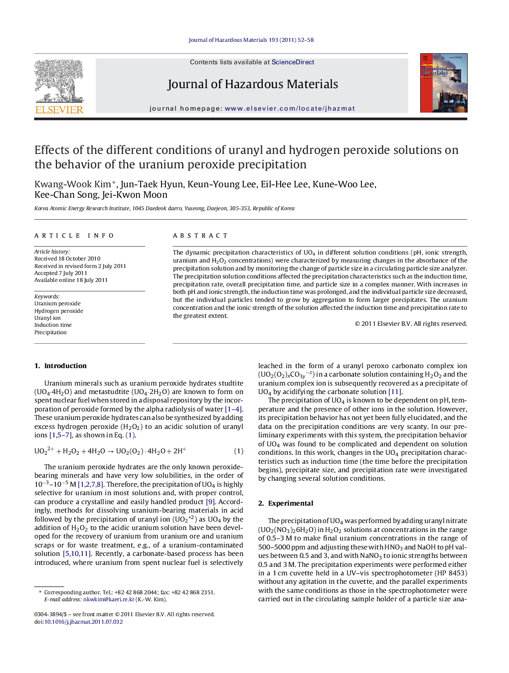 Effects of the different conditions of uranyl and hydrogen peroxide solutions on the behavior of the uranium peroxide precipitation