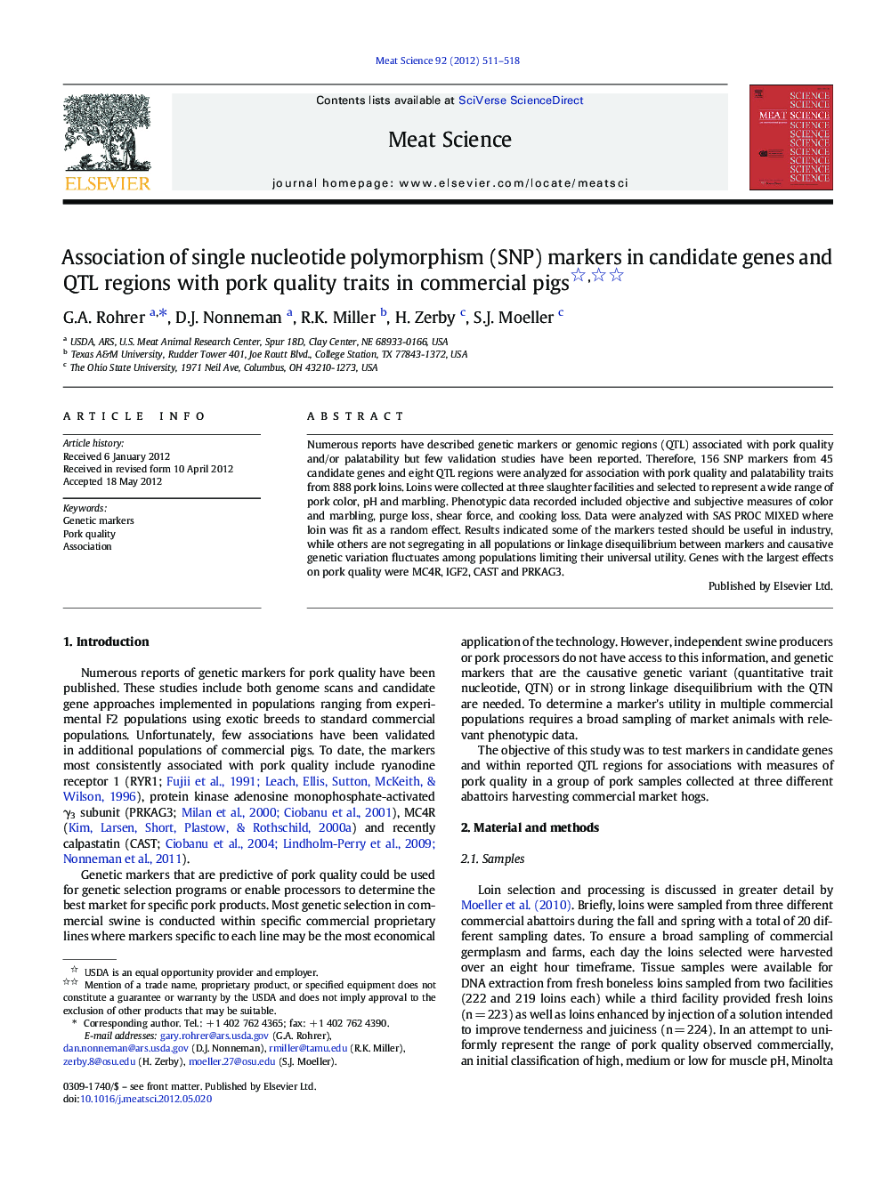 Association of single nucleotide polymorphism (SNP) markers in candidate genes and QTL regions with pork quality traits in commercial pigs