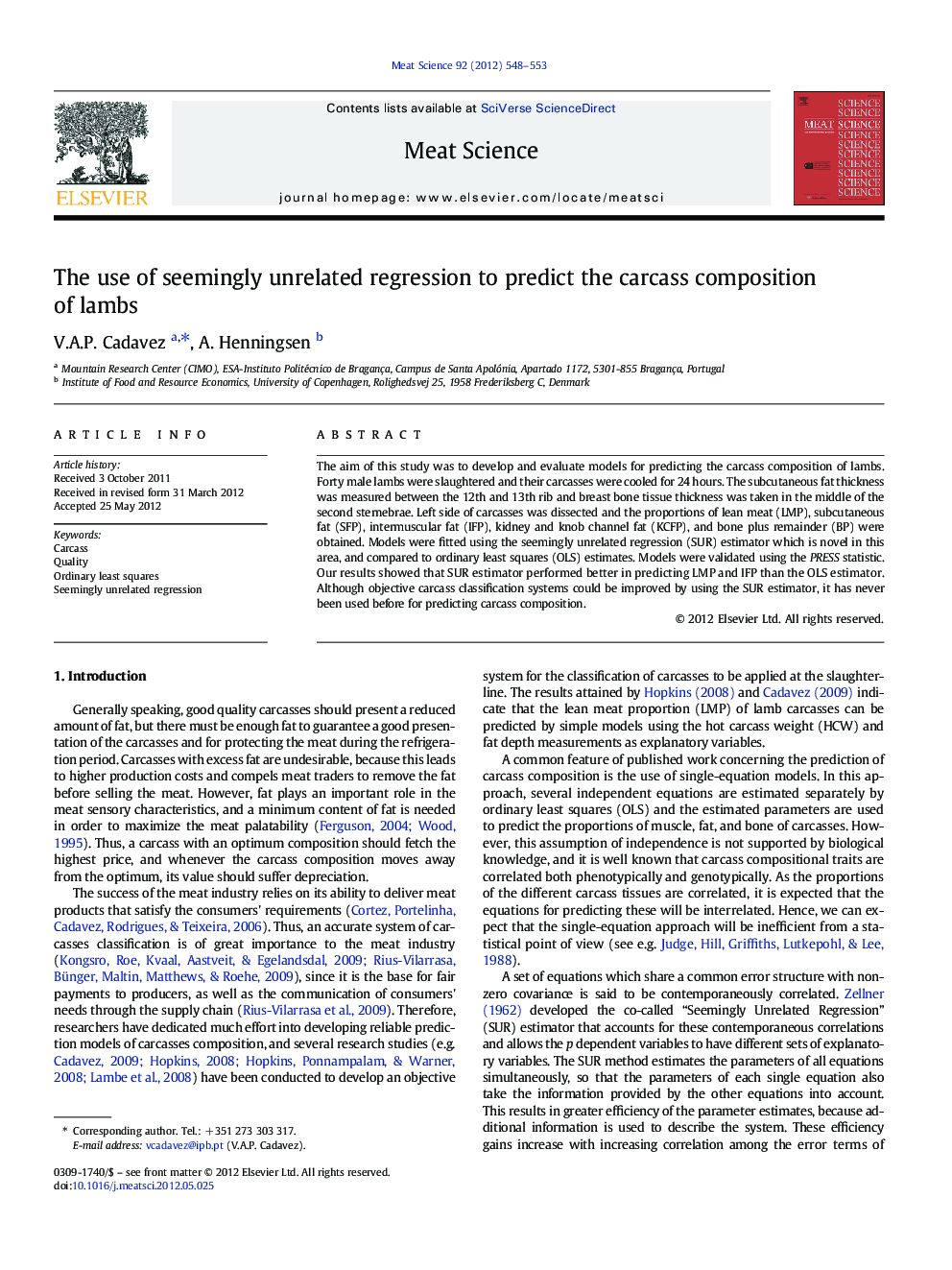 The use of seemingly unrelated regression to predict the carcass composition of lambs