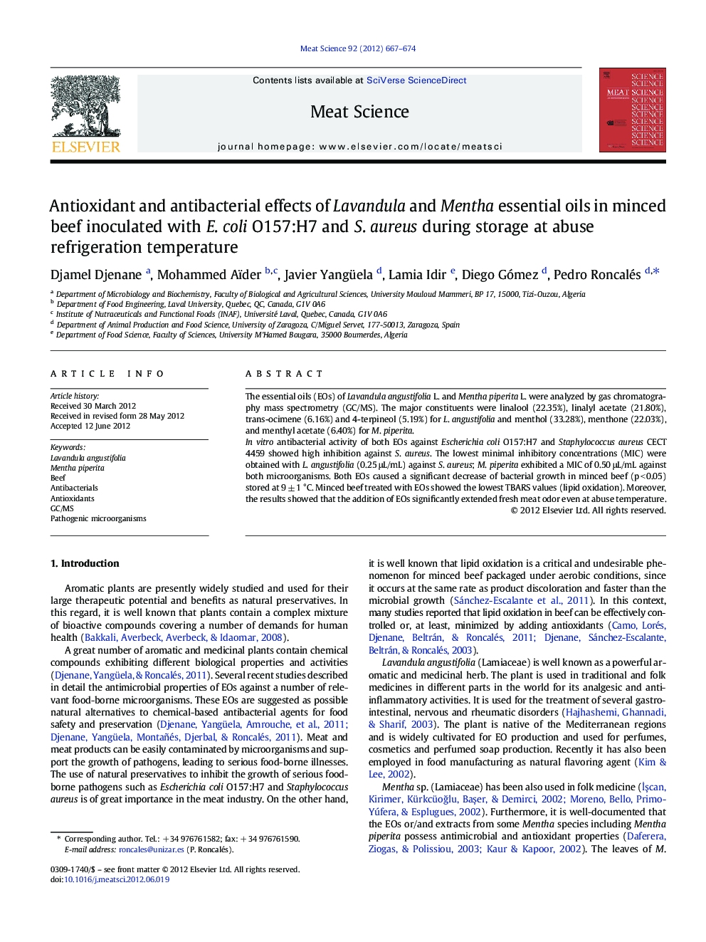 Antioxidant and antibacterial effects of Lavandula and Mentha essential oils in minced beef inoculated with E. coli O157:H7 and S. aureus during storage at abuse refrigeration temperature