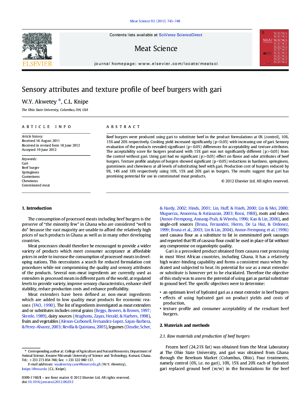 Sensory attributes and texture profile of beef burgers with gari