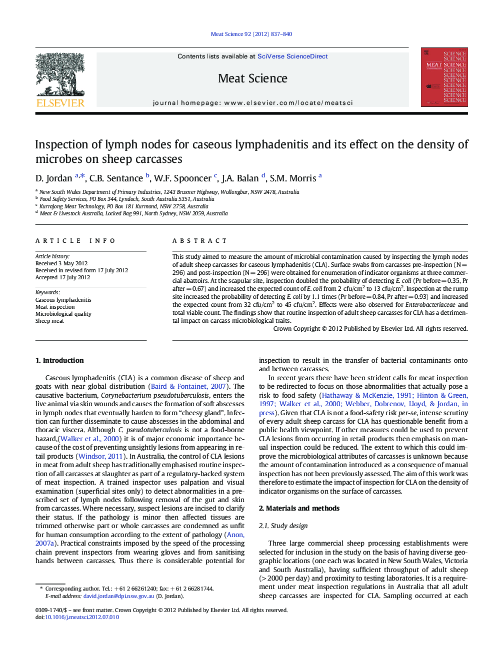 Inspection of lymph nodes for caseous lymphadenitis and its effect on the density of microbes on sheep carcasses