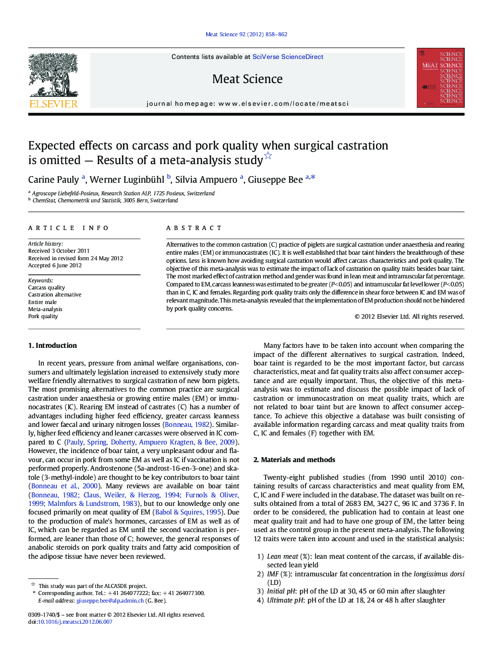 Expected effects on carcass and pork quality when surgical castration is omitted - Results of a meta-analysis study