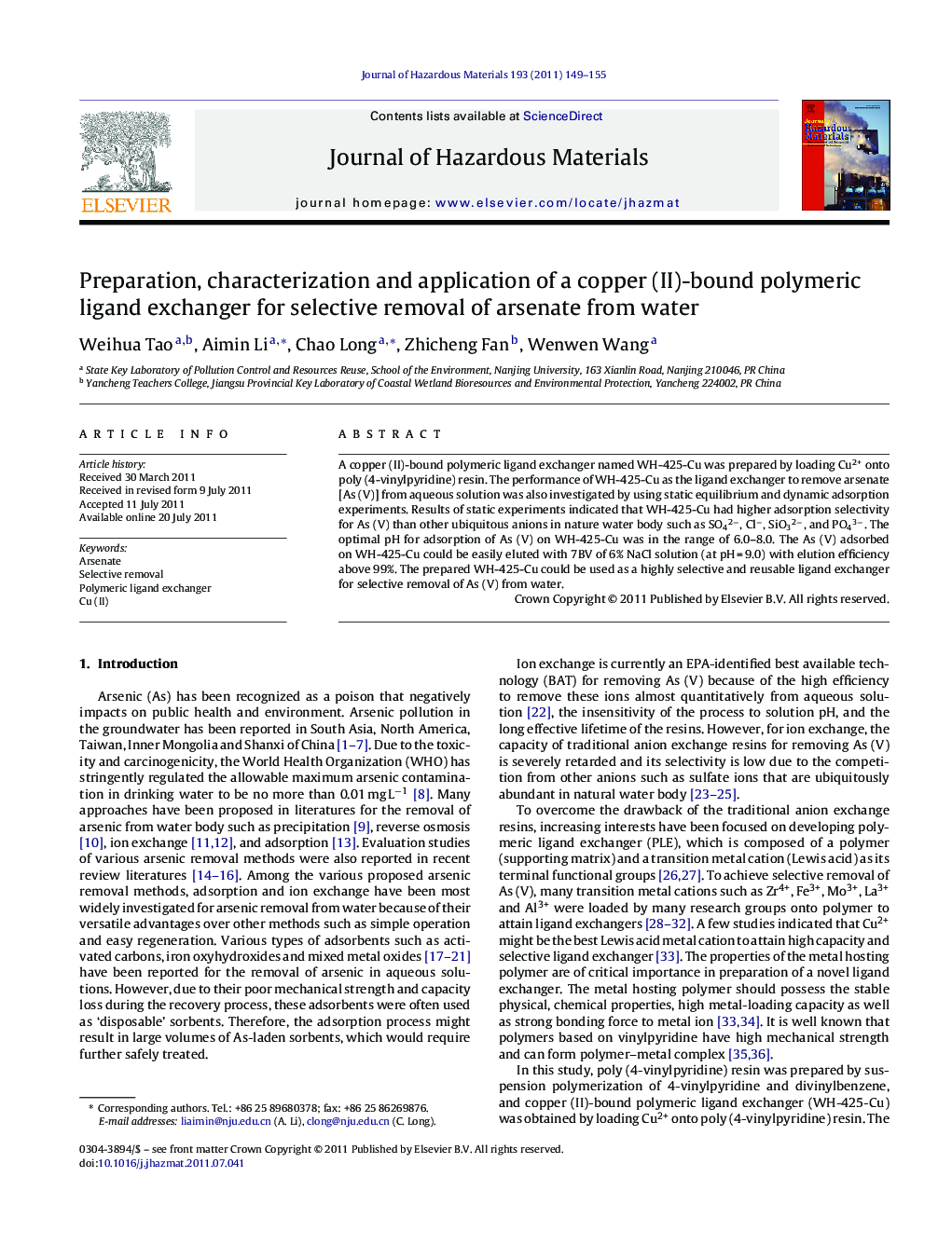 Preparation, characterization and application of a copper (II)-bound polymeric ligand exchanger for selective removal of arsenate from water